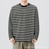 Black striped long-sleeved T-shirt for men, a loose and contrasting color round soul base layer top from the 2025 autumn fashion brand details Picture